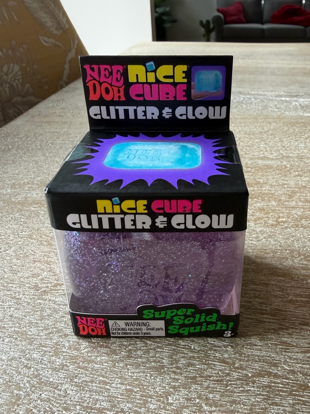 NWT NeeDoh Nice Cube – Lilac Glitter & Glow Super Solid Squish